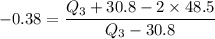 -0.38 = \dfrac{Q_3 + 30.8 - 2 \times 48.5}{Q_3 - 30.8}