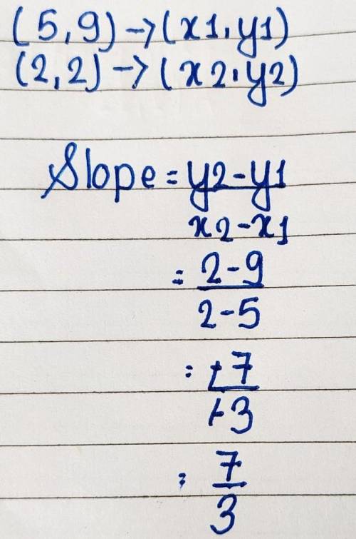 Find the slope of the line that passes through (5, 9) and (2, 2).

Simplify your answer and write it