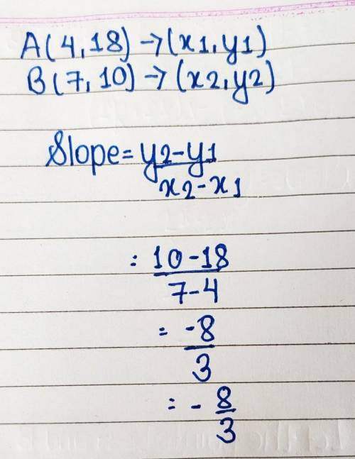 Find the slope of the line that passes through (4, 18) and (7, 10).

Simplify your answer and write