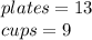 plates = 13 \\ cups = 9