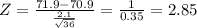 Z=\frac{71.9 -70.9}{\frac{2.1}{\sqrt{36} } } =  \frac{1}{0.35} = 2.85