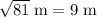 \sqrt{81}\; \rm m = 9\; \rm m