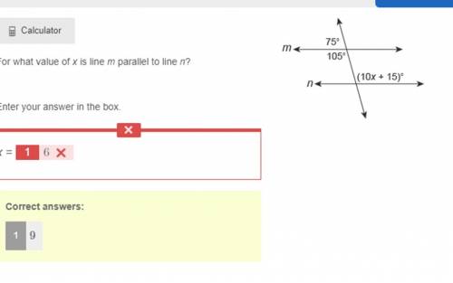 For what value of x is line m parallel to line n?  enter your answer in the box. x =  line m is para