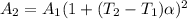 A_2 = A_1 (1  + (T_2-T_1) \alpha )^2