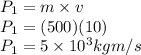 P_1 = m \times v\\P_1 = (500)(10)\\P_1 = 5 \times 10^3 kg m/s