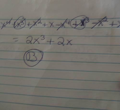 What is the difference of the polynomials? (x^4+x^3+x^2+x)-(x^4-x^3+x^2-x) (A 2x^2 (B 2x^3+2x (C x^6