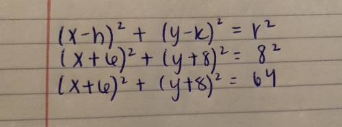 Write the equation in standard form for the circle (-6,-8) and radius 8