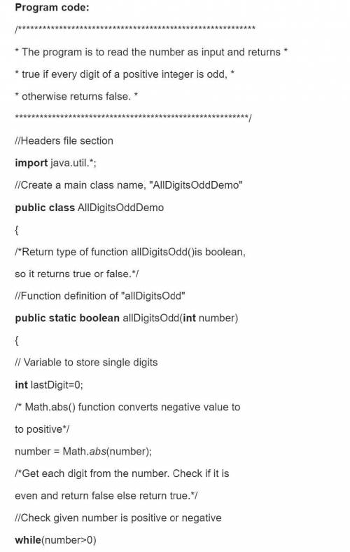 Write a method called allDigitsOdd that returns whether every digit of a positive integer is odd. Re