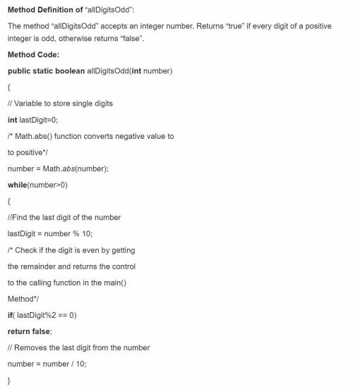 Write a method called allDigitsOdd that returns whether every digit of a positive integer is odd. Re