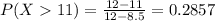 P(X  11) = \frac{12 - 11}{12 - 8.5} = 0.2857