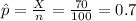 \hat p =\frac{X}{n}=\frac{70}{100}= 0.7