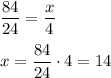 \dfrac{84}{24}=\dfrac{x}{4} \\\\x=\dfrac{84}{24}\cdot 4=14