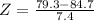 Z = \frac{79.3 - 84.7}{7.4}