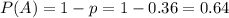 P(A) = 1 - p = 1 - 0.36 = 0.64