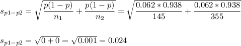 s_{p1-p2}=\sqrt{\dfrac{p(1-p)}{n_1}+\dfrac{p(1-p)}{n_2}}=\sqrt{\dfrac{0.062*0.938}{145}+\dfrac{0.062*0.938}{355}}\\\\\\s_{p1-p2}=\sqrt{0+0}=\sqrt{0.001}=0.024