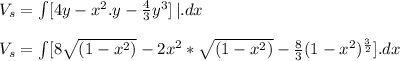 V_s = \int [ {4y - x^2.y - \frac{4}{3} y^3} ] \, | .dx\\\\V_s = \int [ {8\sqrt{( 1 - x^2 )}  - 2x^2*\sqrt{( 1 - x^2 )} - \frac{8}{3} ( 1 - x^2 )^\frac{3}{2} } ] . dx