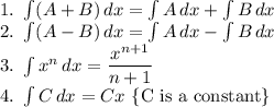 1.\ \int({A+B}) \, dx = \int {A} \, dx + \int{B} \, dx \\2.\ \int({A-B}) \, dx = \int {A} \, dx - \int{B} \, dx \\3.\ \int{x^{n} } \, dx = \dfrac{x^{n+1}}{n+1}\\4.\ \int{C } \, dx = Cx\      \{\text{C is a constant}\}