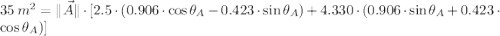 35\,m^{2} = \| \vec A \| \cdot [2.5\cdot (0.906\cdot \cos \theta_{A} - 0.423 \cdot \sin \theta_{A})+4.330\cdot (0.906\cdot \sin \theta_{A} + 0.423 \cdot \cos \theta_{A})]