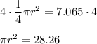 4\cdot\dfrac{1}{4}\pi r^2=7.065\cdot4\\\\\pi r^2=28.26