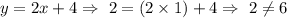 y=2x+4\Rightarrow\ 2=(2\times 1) +4\Rightarrow\ 2\neq 6