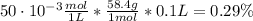 50 \cdot 10^{-3} \frac{mol}{1 L}*\frac{58.4 g}{1 mol}*0.1 L = 0.29 \%