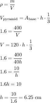 \rho=\dfrac{m}{V} \\\\V_{\text{pyramid}}= A_{\text{base}}\cdot h \cdot \dfrac{1}{3} \\\\1.6=\dfrac{400}{V} \\\\V=120 \cdot h \cdot \dfrac{1}{3} \\\\1.6=\dfrac{400}{40h} \\\\1.6=\dfrac{10}{h} \\\\1.6h=10 \\\\h=\dfrac{10}{1.6}=6.25\text{ cm}