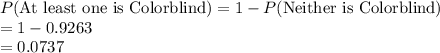 P (\text{At least one is Colorblind}) = 1 - P (\text{Neither is Colorblind})\\ = 1 - 0.9263 \\= 0.0737