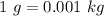 1\ g=0.001\ kg