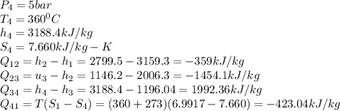 P_{4} = 5 bar\\T_4 = 360^0 C\\h_4 = 3188.4 kJ/kg\\S_4 = 7.660 kJ/kg-K\\Q_{12} = h_2 - h_1 = 2799.5-3159.3 = -359 kJ/kg\\Q_{23} = u_3 - h_2 =1146.2-2006.3 = -1454.1 kJ/kg\\Q_{34} = h_4 - h_3 = 3188.4-1196.04 = 1992.36 kJ/kg\\Q_{41} = T(S_1 - S_4) = (360 + 273) (6.9917 - 7.660) = -423.04 kJ/kg