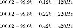 100.02 - 99.9k = 0.12k = 120Hz\\\\100.02 - 99.8k = 0.22k = 220Hz\\\\100.02 - 99.6k = 0.42k = 420Hz