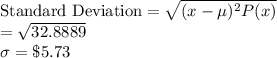 \text{Standard Deviation}=\sqrt{(x-\mu)^2P(x)}\\=\sqrt{32.8889} \\ \sigma=\$5.73