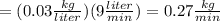 =(0.03\frac{kg}{liter})( 9\frac{liter}{min})=0.27\frac{kg}{min}