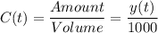 C(t)=\dfrac{Amount}{Volume} =\dfrac{y(t)}{1000}