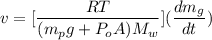 v =[\dfrac{RT }{(m_pg+ P_oA)M_w}]( \dfrac{dm_g}{dt})