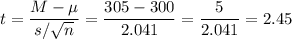 t=\dfrac{M-\mu}{s/\sqrt{n}}=\dfrac{305-300}{2.041}=\dfrac{5}{2.041}=2.45