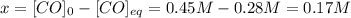 x=[CO]_0-[CO]_{eq}=0.45M-0.28M=0.17M