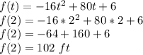 f(t) = -16t^2 + 80t + 6\\f(2) = -16*2^2 + 80*2 + 6\\f(2)=-64+160+6\\f(2)=102\ ft
