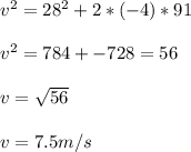 v^2 = 28^2 + 2 * (-4) * 91\\\\v^2 = 784 + -728 = 56\\\\v = \sqrt{56}\\ \\v = 7.5 m/s