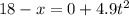 18 - x = 0 + 4.9t^2