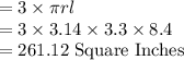 =3 \times \pi r l\\=3 \times 3.14\times 3.3 \times 8.4\\=261.12$ Square Inches