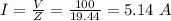 I=\frac{V}{Z}=\frac{100}{19.44}=5.14\ A