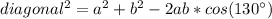 diagonal^2 = a^2 + b^2 - 2ab*cos(130\°)