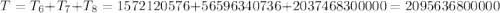 T = T_{6} + T_{7} + T_{8} = 1572120576 + 56596340736 + 2037468300000 = 2095636800000