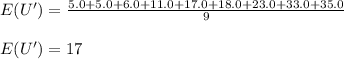 E ( U' ) = \frac{5.0+ 5.0+ 6.0+ 11.0+ 17.0+ 18.0+ 23.0+ 33.0+ 35.0}{9} \\\\E ( U' ) = 17
