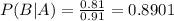 P(B|A) = \frac{0.81}{0.91} = 0.8901