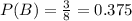 P(B) = \frac{3}{8} = 0.375