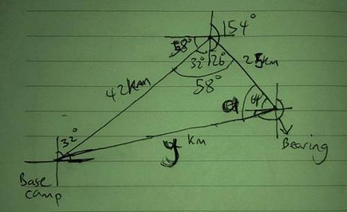 A surveyor leaves her base camp and drives 42km on a bearing of 32 degrees. She then drives 25km on