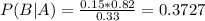 P(B|A) = \frac{0.15*0.82}{0.33} = 0.3727