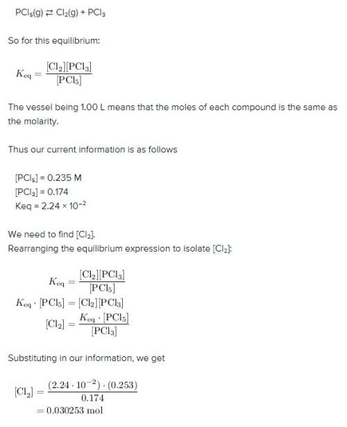 The compound pcl5 decomposes into cl2 and pcl3. the equilibrium of pcl5(g) cl2(g) pcl3(g) has a keq