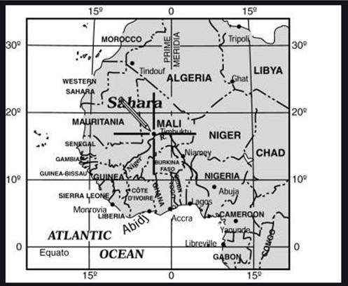 Use the map provided below to identify the latitude and longitude coordinates for the city of timbuk